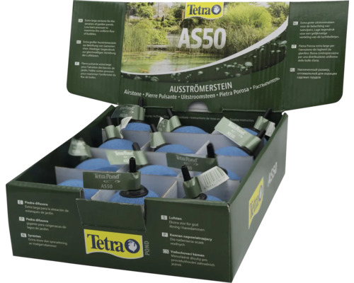 Blaue Tetra Pond AS50 Ausströmersteine extra groß für die Belüftung von Gartenteichen in einem Displaykarton.