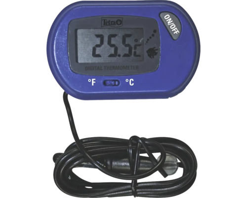 Digitales Aquarium-Thermometer mit Tetra Logo, externem Kabelsensor, blauem Gehäuse und digitaler Anzeige von 25.5 Grad Celsius.