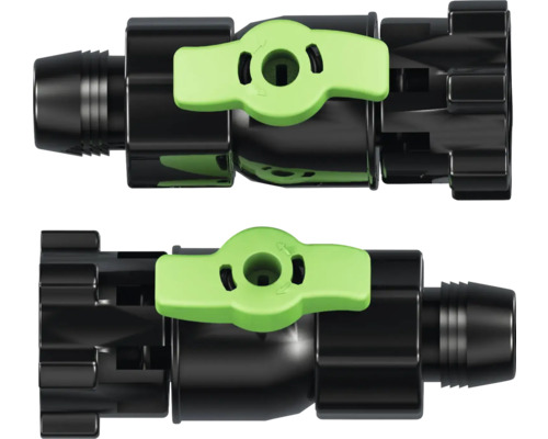 Absperrventil für Tropfbewässerung aus schwarzem Kunststoff mit grünem Drehgriff und Schlauchanschluss.