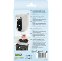 Tetra Logo auf Produktverpackung für 3 Ersatzkartuschen. Zeigt den Aufbau des Filters mit Aktivkohle und den Austausch im Aquariumfilter.