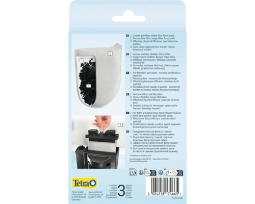 Tetra Logo auf Produktverpackung für 3 Ersatzkartuschen. Zeigt den Aufbau des Filters mit Aktivkohle und den Austausch im Aquariumfilter.