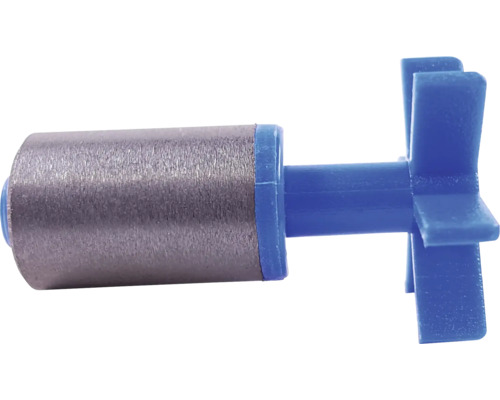 Ersatzrotor für Pumpe, bestehend aus einem metallischen Magneten und einem blauen Flügelrad aus Kunststoff.