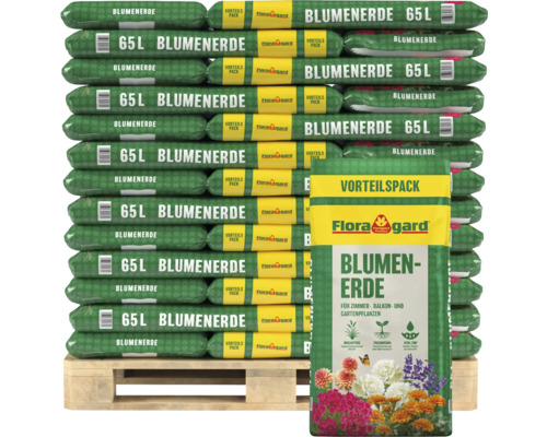 Palette mit Flora Gard Blumenerde 65 Liter Vorteilspack