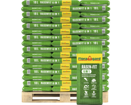 Palette mit mehreren Säcken Flora Gard Rasen-Fit 6 in 1 Rasenerde