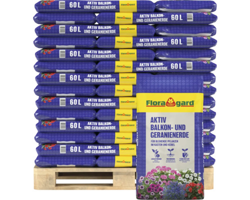 Palette mit Flora Gard Aktiv Balkon- und Geranienerde, 60 Liter Säcken