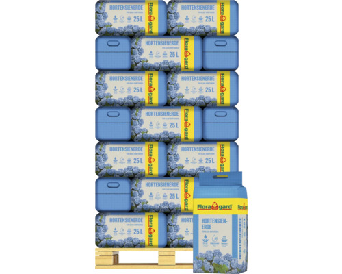 Palette mit Flora Gard Hortensienerde für blaue Hortensien, 25 Liter