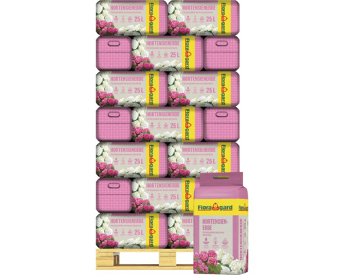Palette mit mehreren Säcken Flora Gard Hortensienerde, Blumenerde für rosa und weiße Hortensien, 25 Liter