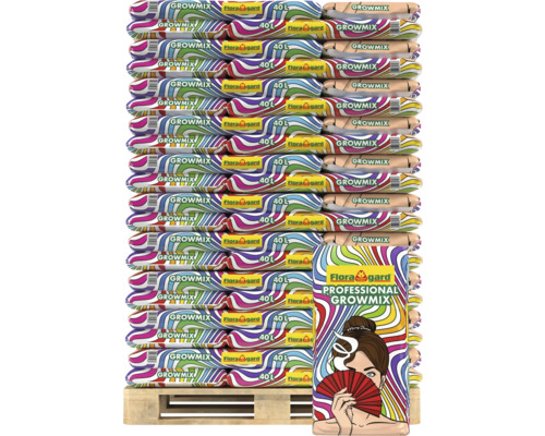 Palette mit Säcken Pflanzerde mit der Aufschrift Flora Gard Professional Growmix 40 Liter