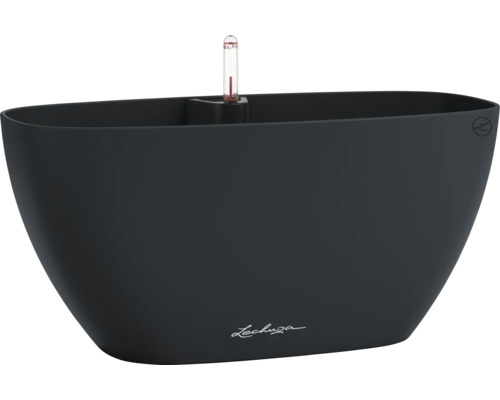 Schwarzer Pflanzkasten mit Wasserstandsanzeiger