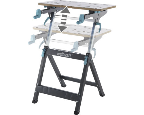 Wolfcraft Logo auf einer höhenverstellbaren Werkbank