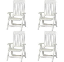 Set aus vier weißen Gartenstühlen aus Kunststoff mit Hochlehner und Armlehnen.