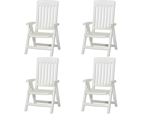 Set aus vier weißen Gartenstühlen aus Kunststoff mit Hochlehner und Armlehnen.