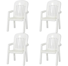 Set aus vier weißen Stapelstühlen aus Kunststoff für den Garten mit Armlehnen.