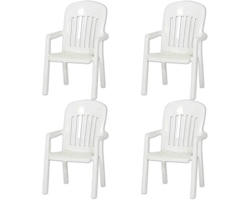 Set aus vier weißen Stapelstühlen aus Kunststoff für den Garten mit Armlehnen.