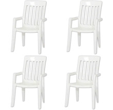 Set aus vier weißen Gartenstühlen aus Kunststoff mit Armlehnen und Rückenlehne mit Latten.