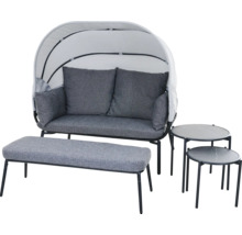 Modernes Garten-Lounge-Set mit Zweisitzer Sofa, Sonnendach, gepolstertem Hocker und zwei runden Beistelltischen in Grau und Schwarz.