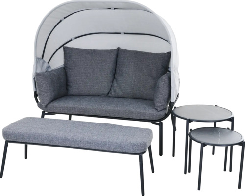 Modernes Garten-Lounge-Set mit Zweisitzer Sofa, Sonnendach, gepolstertem Hocker und zwei runden Beistelltischen in Grau und Schwarz.