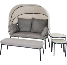 Garten-Lounge-Set mit Zweisitzer-Sofa mit Sonnendach, gepolsterter Bank und zwei runden Beistelltischen mit Metallgestell.