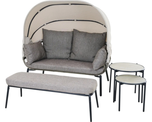 Garten-Lounge-Set mit Zweisitzer-Sofa mit Sonnendach, gepolsterter Bank und zwei runden Beistelltischen mit Metallgestell.