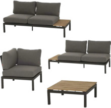 Gartenlounge-Set mit zwei Sofas, integrierten Holztischen, einem Sessel und einem Couchtisch. Metallgestell mit grauen Polstern und Holzoberflächen.