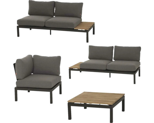 Gartenlounge-Set mit zwei Sofas, integrierten Holztischen, einem Sessel und einem Couchtisch. Metallgestell mit grauen Polstern und Holzoberflächen.