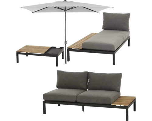 Garten-Lounge-Set bestehend aus Sofa, Liege, Beistelltisch und Sonnenschirm mit Metallrahmen, Holzelementen und grauen Polstern.