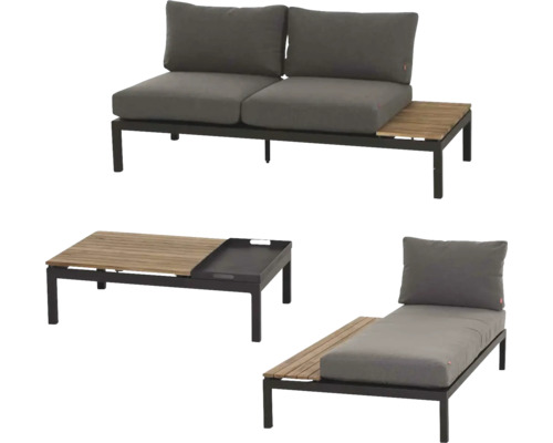 Gartenmöbel-Set bestehend aus einem Zweisitzer-Sofa, einem Couchtisch und einer Sonnenliege mit Holzablagen und grauen Polstern.