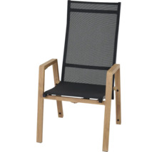 Gartenstuhl Hochlehner mit Holzgestell und schwarzer Textilbespannung.