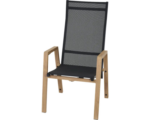 Gartenstuhl Hochlehner mit Holzgestell und schwarzer Textilbespannung.