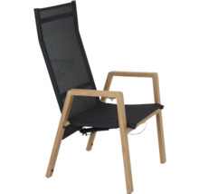 Gartenstuhl mit hohem Rücken, Holzgestell und schwarzer Netzbespannung.