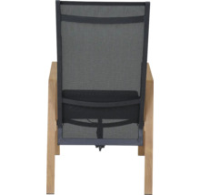 Gartenstuhl Rückansicht mit schwarzem Textilgewebe und Holzgestell.