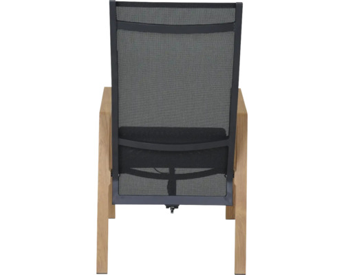 Gartenstuhl Rückansicht mit schwarzem Textilgewebe und Holzgestell.