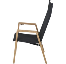 Gartenstuhl mit Holzgestell und schwarzer Textilbespannung mit hoher Rückenlehne.