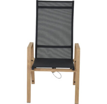 Garten-Hochlehner mit Holzgestell, Armlehnen und schwarzer Netzbespannung für Sitz und Rückenlehne.