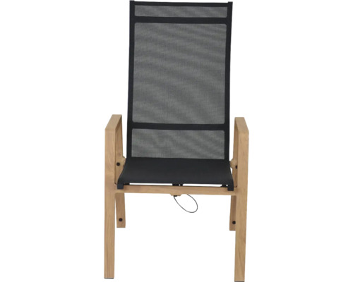 Garten-Hochlehner mit Holzgestell, Armlehnen und schwarzer Netzbespannung für Sitz und Rückenlehne.