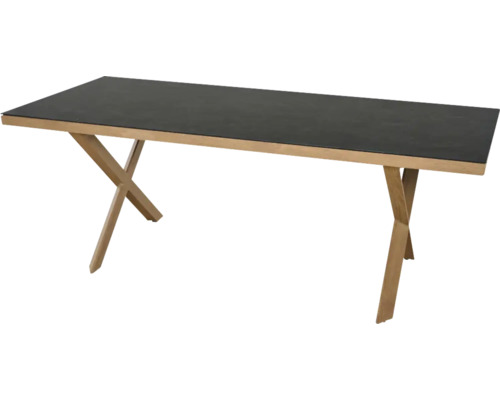 Rechteckiger Tisch mit dunkelgrauer Tischplatte und X-förmigen Beinen aus Holz.