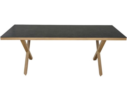 Rechteckiger Tisch mit dunkler Tischplatte und X-förmigen Beinen aus Holz.