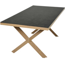 Rechteckiger Tisch mit dunkelgrauer Tischplatte und X-förmigen Beinen aus Holz.