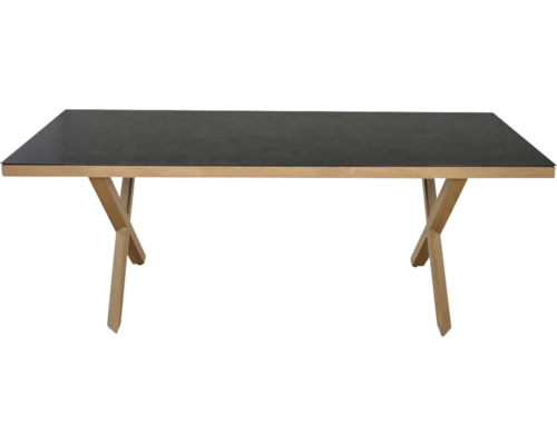 Rechteckiger Tisch mit schwarzer Tischplatte und X-förmigem Gestell aus hellem Holz.