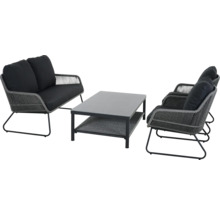 Modernes Garten-Lounge-Set bestehend aus einem Zweisitzer-Sofa, zwei Sesseln mit grauer Seilbespannung und schwarzen Polstern sowie einem Kaffeetisch.