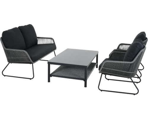 Modernes Garten-Lounge-Set bestehend aus einem Zweisitzer-Sofa, zwei Sesseln mit grauer Seilbespannung und schwarzen Polstern sowie einem Kaffeetisch.