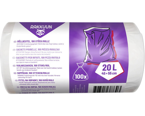 Müllbeutel Rolle mit 100 Stück, 20 Liter Fassungsvermögen und den Maßen 45 x 55 cm