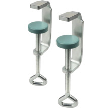 Zwei Schraubzwingen aus Metall mit runden Drucktellern und Ringgriffen.