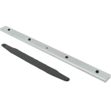 Silberne Magnetleiste aus Metall mit fünf runden Magneten und einer schwarzen Metallplatte.