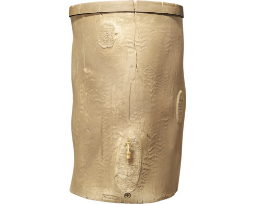 Beige Regenwassertonne in Baumstamm-Optik aus Kunststoff mit Auslaufhahn und Deckel.