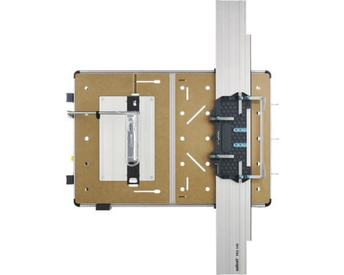 Wolfcraft Master Cut Maschinentisch mit Führungsschiene FKS 145 und brauner Arbeitsplatte in der Draufsicht.
