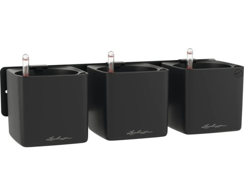 Drei schwarze Lechuza Cube Color 14 Pflanzgefäße mit Bewässerungsanzeige