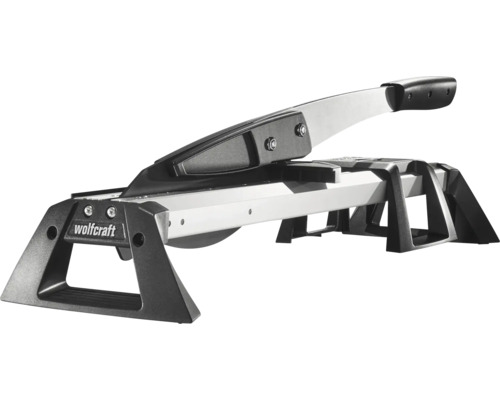 Wolfcraft Laminatschneider aus Metall und Kunststoff in Silber und Schwarz mit Handgriff und stabilem Gestell.