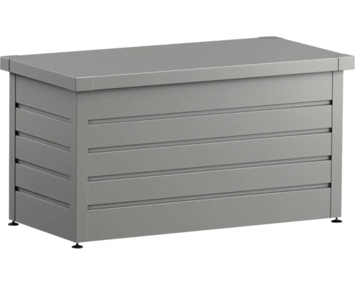 Graue Aufbewahrungsbox mit horizontalen Lamellen für den Außenbereich