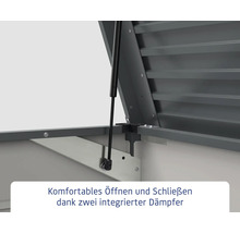 Detailansicht eines Geräteschuppens mit zwei integrierten Dämpfern zum komfortablen Öffnen und Schließen